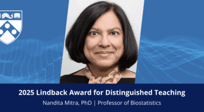 Nandita Mitra, PhD, has been awarded the Lindback Foundation Award for Distinguished Teaching Image